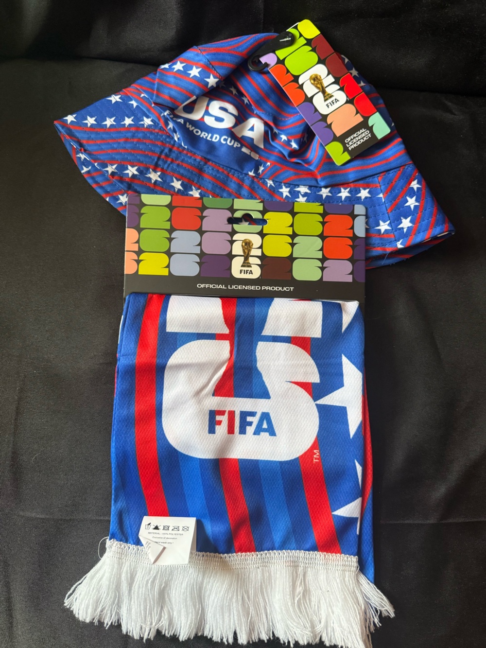 New FIFA USA Red, White & Blue World Cup Soccer Bucket Hat Scarf Combo